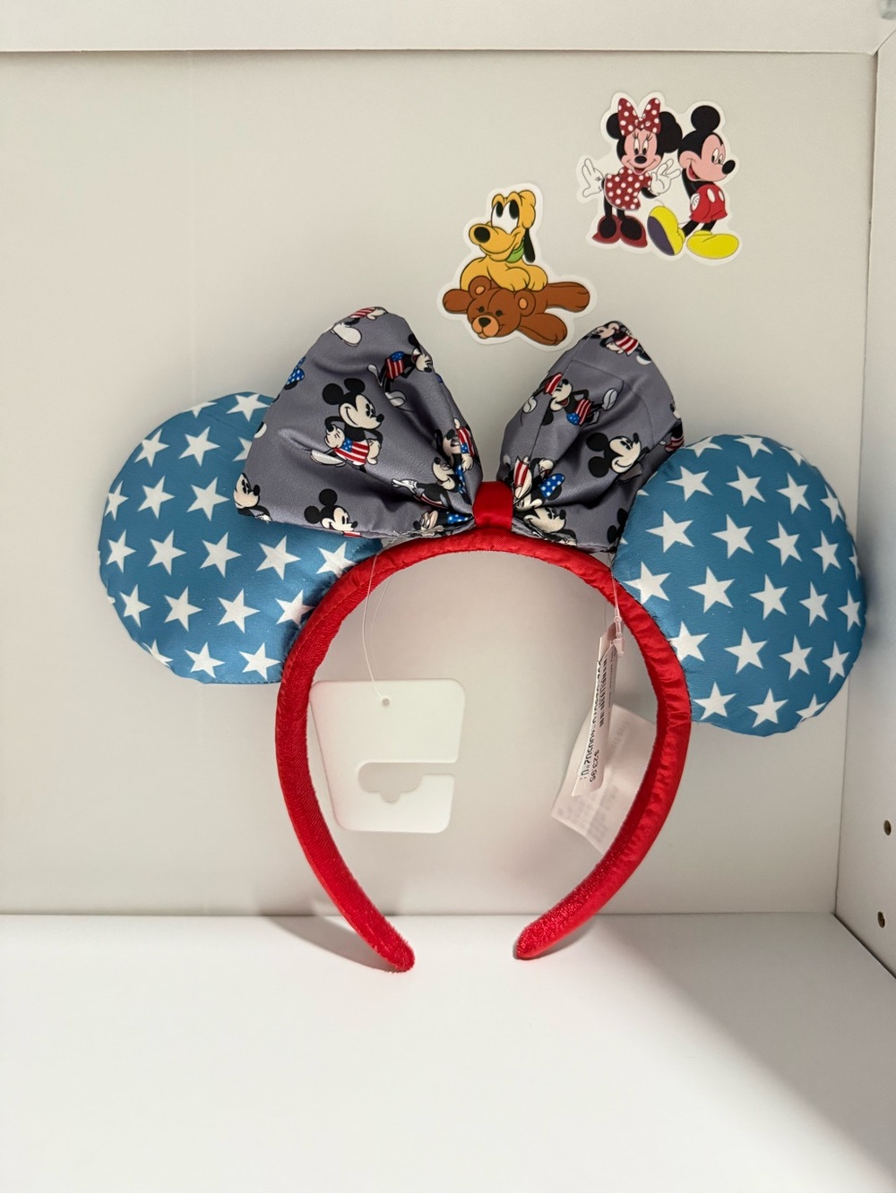 Disney Fourth Of July Headband with Blue Star Ears and Gray Mickey Bow